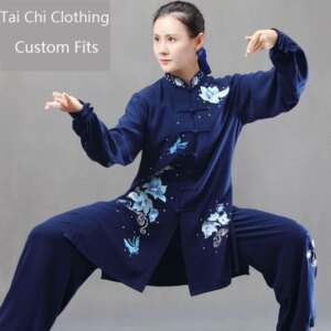 Dark Blue Shadowboxing Exercise Clothing Women’s Double Silk Linen Fire Spring and Autumn Tai Ji Suit Men’s High-End