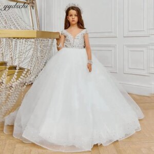 Customized Luxury White Glitter Crystals Beading Flower Girl Dresses For Wedding 2025 Illusion Ball Gown First Communion Gowns