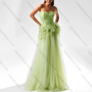 Elegant Tulle Green Strapless Evening Dress Sequins Beaded 3D Flowers A-line Prom Gown