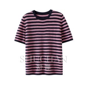 Striped Round Neck 100% Pure Cashmere Short-sleeved Women’s Pure Cashmere Sweater Knit Sueter Mujer Invierno