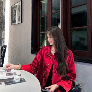 New Chinese style button red printed coat women’s short top