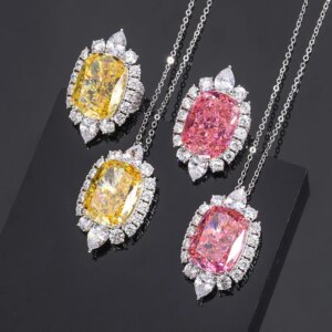 Jewelry S925 Full Silver High Carbon Diamond Radiant Cut 15*20 Fat Square Pendant Ring Set for Women