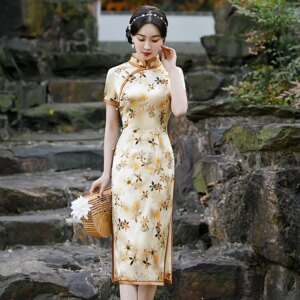 Traditional Quality Real Silk Cheongsam Qipao Women’s Retro Improved Dress Mid-Length Chinese Dress