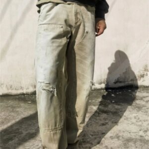 Wasteland Style Distressed Dirty Dyed Washed Overalls Loose Trousers