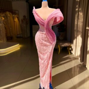 Charm Pink Beaded Formal Event Dress Elegant Corset Boning Sparkly Sequins Slit Evening Party Dresses Floor Long Cocktail Dress