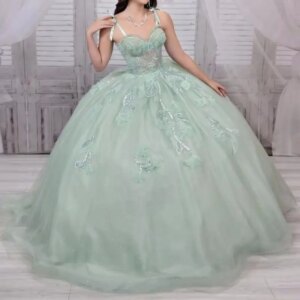 Mint Green Shiny Quinceanera Dresses Ball Gown Glitter Spaghetti Strap Flower Beaded Crystal Tull Corset Sweet 16 Vestidos De 15
