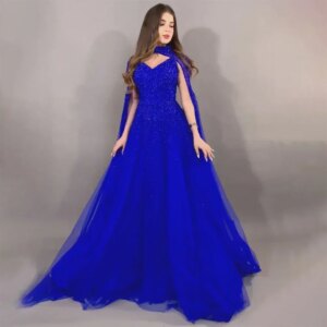 Luxury Evening Dresses with Cape Sleeves Chic Sequined Beads High Collar A-Line Gowns Floor Length Prom Wedding Party Dresses