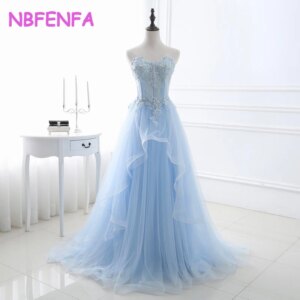 Strapless Sparkly Stones Evening Women Dresses Light Blue Korea Wedding Party Dresses Formal Customised A Line Floor Bride Gowns