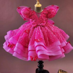 Hot Pink Girls Birthday Party Dresses Customized Sequined Flower Girl Dresses for Wedding Baby Girl’s Photoshoot Gowns