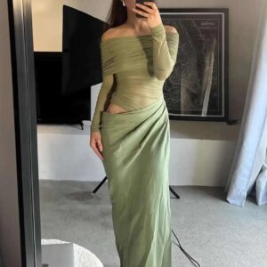 Summer Rose Sexy One Shoulder Mesh Dress With Exposed Waist, Niche Design, Pleated Slimming, Spicy Girl Long Dress