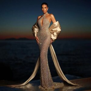 2025 Rhinestones Sexy Halter Mermaid Evening Dress V-Neck with Detachable Train Prom Dress Women Formal Party Robe De Soiree