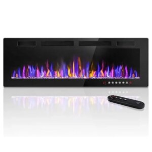 72″ Ultra-Thin Electric Fireplace Inserts Heater Remote Control 750W/1500W Multi-Color Flames Crystals Bed Wall Mountable