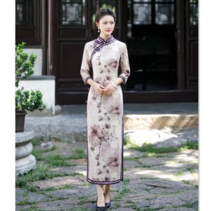 Old Shanghai Retro Ethnic Style Traditional Long 3/4 Sleeves Cheongsam Qi Pao Autumn and Winter New Middle-Aged Elderly Women