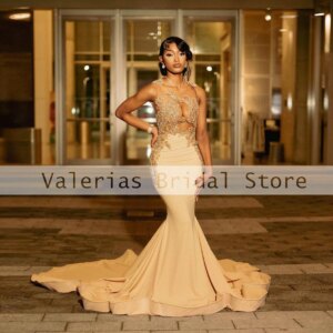 Champagne Mermaid Prom Dress Beads Appliques Bridesmaid Dresses Sleeveless Satin Talling Wedding Guests Eevning Gowns Customized