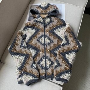 Heavy handmade Sequin Hooded Cardigan Wool Mohair Knitted Jacket Coat For Woman