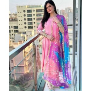 Pink Color Long Anarkali Kurti Pant with Dupatta Set Women Salwar Kameez Suit
