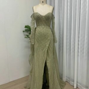 MYMB Light Green Arabic Off Shoulder Long Sleeves Crystal Wedding Party Dress Luxury Beaded Mermaid Slit Evening Gowns MB40144
