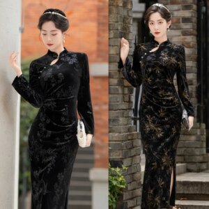 Early Autumn New Chinese Style Black Velvet Long Vintage Cheongsam Qi Pao Women’s Improved Dress Daily