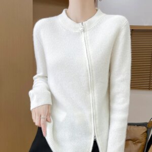 Korean Style High-Grade Double Zipper Design 2024 Autumn and Winter New Age-Reducing Women’s Cardigan Wool Coat