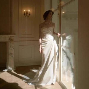 Luxury Wedding Dresses For Women 2024 Satin Lace Ivory Bridal Gowns O-neck Long Sleeves Simple Mermaid Vestidos party dress