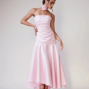 For WomenElegant Short Pink Satin Evening Dresses With Flower Mermaid Pleated SGowns Formal Occasion Dress Customize To Measures