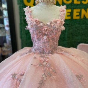 Pink Shiny Ball Gown Quinceanera Dresses Pearls 3D Flowers Applique Beads Vestidos De 15 Años Corset Dress For 16th Birthday