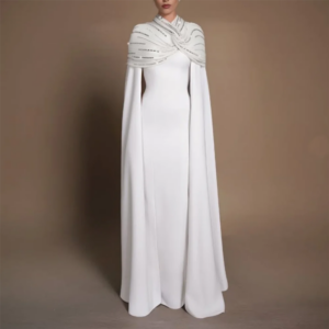 Customized White A-Line Prom Dresses Floor-Length High-Neck Full Sleeve Evening Gown Simple Draped Fashion Crystal Party Gown