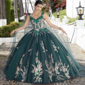 Green Ball Gown Quinceanera Dresses Off The Shoulder Appliques Lace Flowers With Cape Vestido De 15 Anos Sweet 16