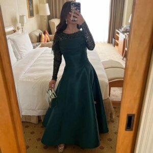 Customized Simple Crew A-line Evening Dress Sequined See-Through Full Sleeves Formal Dress Ankle Length Beading Party Gowns