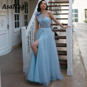 AsaNagi Sexy One Shoulder Pearl Evening Gown Women’s A Line Light Blue Party Prom Dress Floor Length Slit Special Occasion Gowns