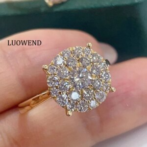 LUOWEND 18K White or Yellow Gold Rings Luxury Shiny Design Real Natural Diamond Engagement Ring for Women High Wedding Jewelry