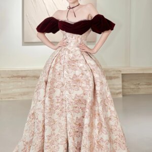 Luxurious High-end Evening Dresses Off The Shoulder Wine Red Puff Sleeves Jacquard Satin A-line Exquisite Party Prom Gowns New