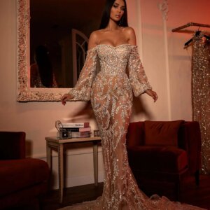 Stunning Luxury Embroidery Lace Evening Dress Beaded off Shoulder Wedding Party Gown Customized Illusion Mermaid Prom Dresses
