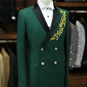 Green Formal Men Suits Two Pieces Gold Appliques Lace Evening Party Blazer Groom Wear ( Jacket+Pants )