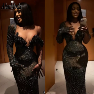 Luxury Major Beading Evening Dresses For Women Black Mermaid Prom Gowns For Women Aso EBi Wedding Party Dress Customized