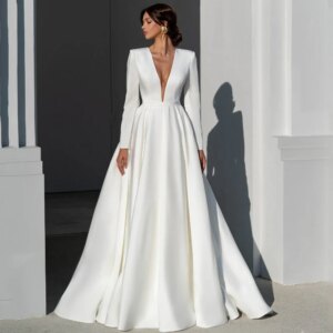 Elegant White Satin Bride Dress Fashion Deep V-Neck Long Sleeves Floor Length Sweep Train Draped A-Line Wedding Dress Slim Fit