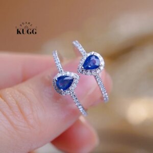 KUGG 100% 18K White Gold Rings Elegant Water Drop Design Real Natural Diamond Natural Sapphire Ring for Women High Party Jewelry