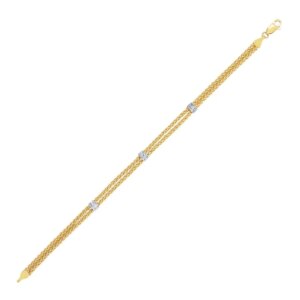 14k TwoTone Gold Dual Wheat Chain Bracelet with Diamond Stations .02 cttw