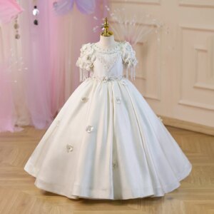 Jill Wish Luxury Off White Flower Girl Dress Flowers Beading for Kids Princess Wedding Pageant Birthday Party Ball Gowns J237