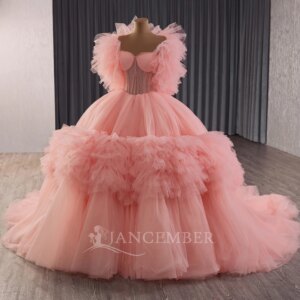 Customized Organza Ball Gowns Quinceanera Dress Pink Lace Appliqued Strapless Women Party Pom Dress Sweet 15 16 Dresses
