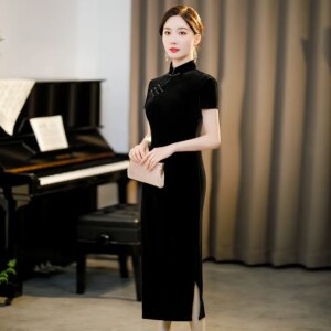 Fashion Improvement Women’s Daily Solid Color Pleuche Cheongsam Qi Pao2025 Spring and Summer New Mid-Length Pao Skirt