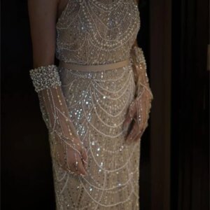 Pearls Beads Women Party Dress Custom Made Formal Champagne Evening Dresses With Gloves Mermaid Prom Dress 2024 Abendkleider