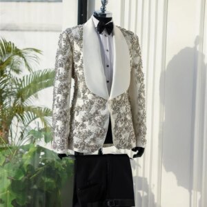 White Men Suits 2 Piece Blazer+Black Pants Luxury Crystals Prom Wedding Tuxedos Coat Custom Made Formal Office Jacket Trousers