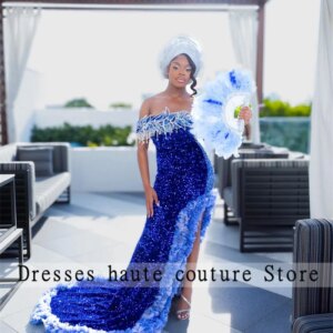 Aso Ebi Royal Blue Sequins Tassel Evening Dresses 2025 One Shoulder Ruffles Mermaid Prom Dress Birthday Party Dress Customized