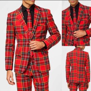 Elegant Men’s Red Scotland Plaid Suits Single Breasted Peaked Lapel Double Buttons Jacket Pants 2 Pieces Groom Wedding Tuxedos