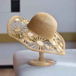 Handmade crocheted grass wide-brimmed hat children’s hollowed-out sun-protective vacation hat