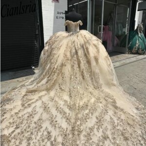 Champagne Off The Shoulder Ball Gown Quinceanera Dresses Sequined Appliques Lace Ruffles Sweet 16 Vestido De 15 Anos