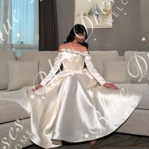 Customized Off The Shoulder Long Sleeves Prom Dresses Floor Length Beadings Pleated Party Dresses Evening Dresses