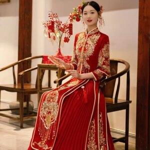 Yourqipao Xiuhe Wedding Dress Chinese Ancient Bridal Gowns Slim Dragon and Phoenix Wedding Toast Sets Cheongsam Gowns for Women