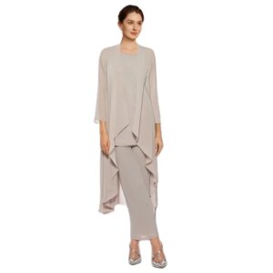 Pantsuit 3 Piece Mother of the Bride Dress Wedding Guest Elegant Scoop Neck Ankle Length Chiffon Sleeveless Wrap Included